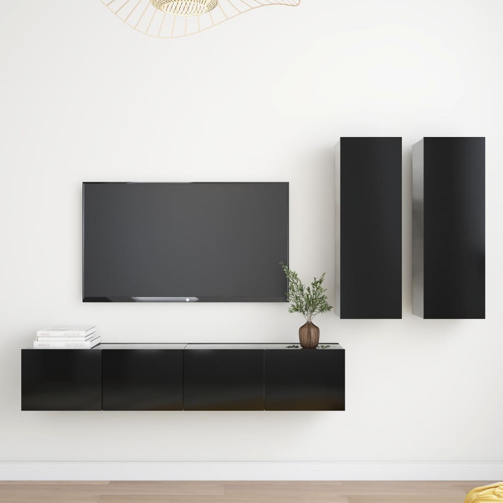 4 Piece Tv Cabinet Set Black Engineered Wood