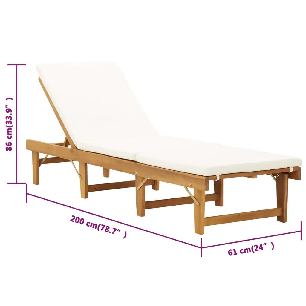 Folding Sun Lounger With Cushion Solid Wood Acacia Cream White