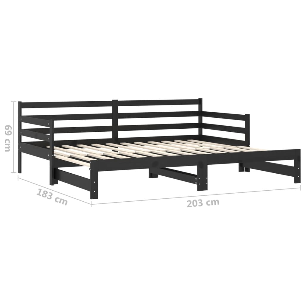 Pull-Out Day Bed Black Solid Pinewood 2X