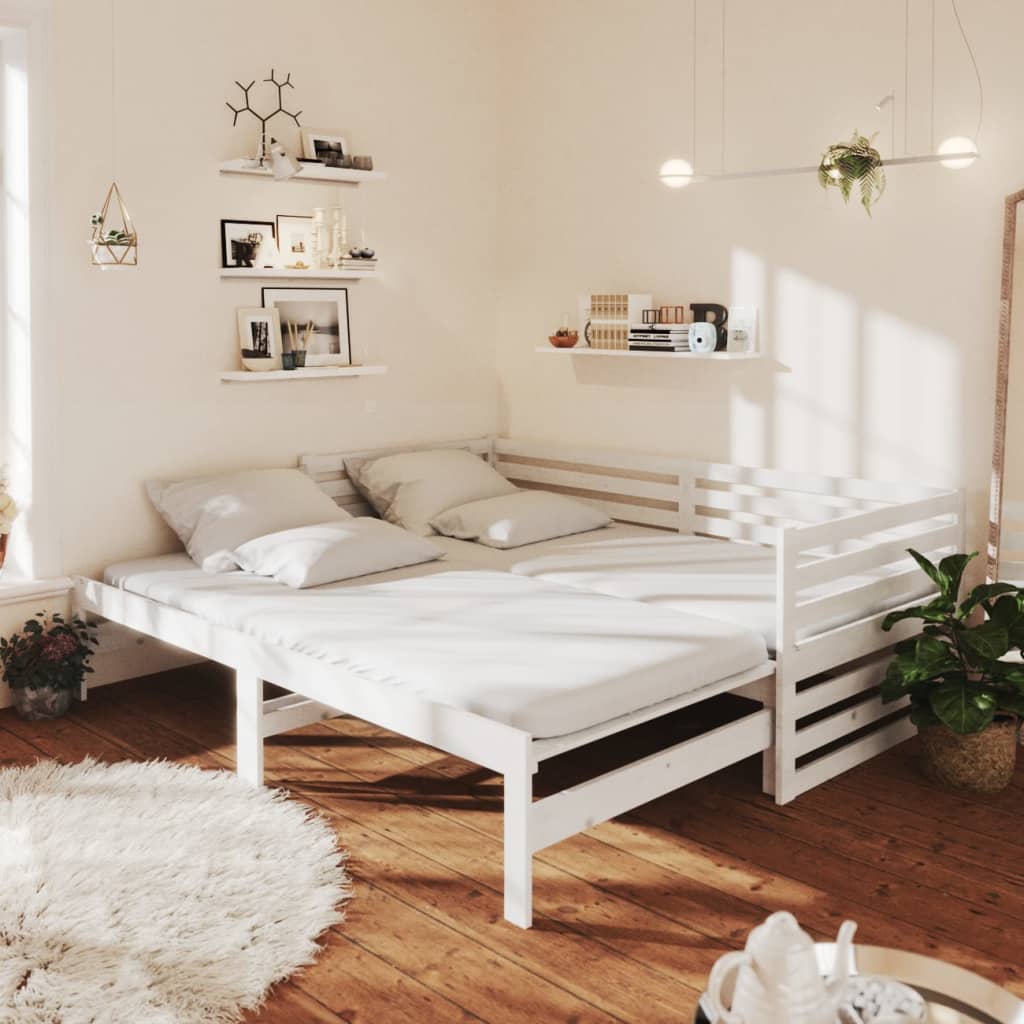 Pull-Out Day Bed White Solid Pinewood 2X(90X200) Cm