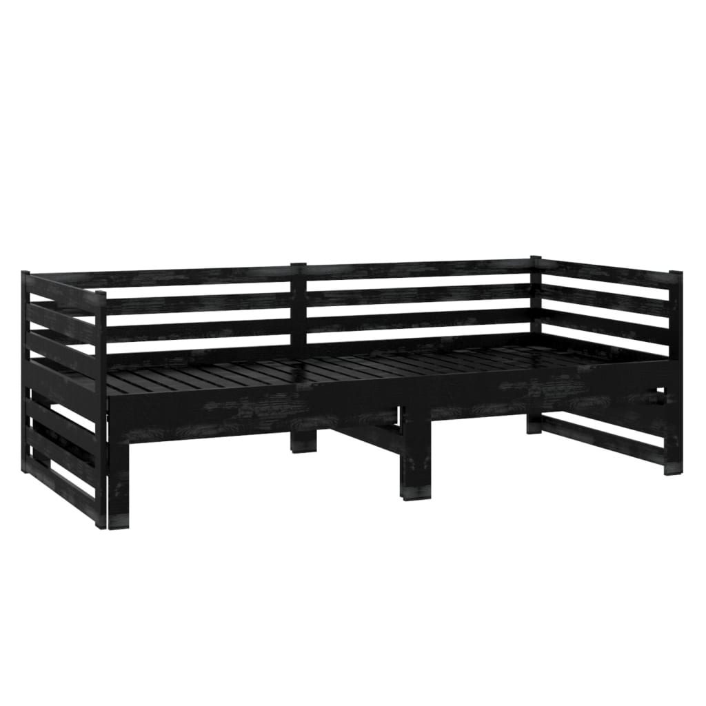 Pull-Out Day Bed Black Solid Pinewood 2X(90X200) Cm