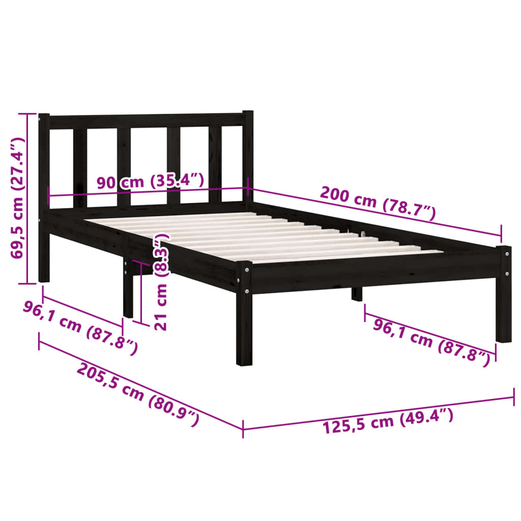 Bed Frame Black Solid Pinewood 90X200 Cm