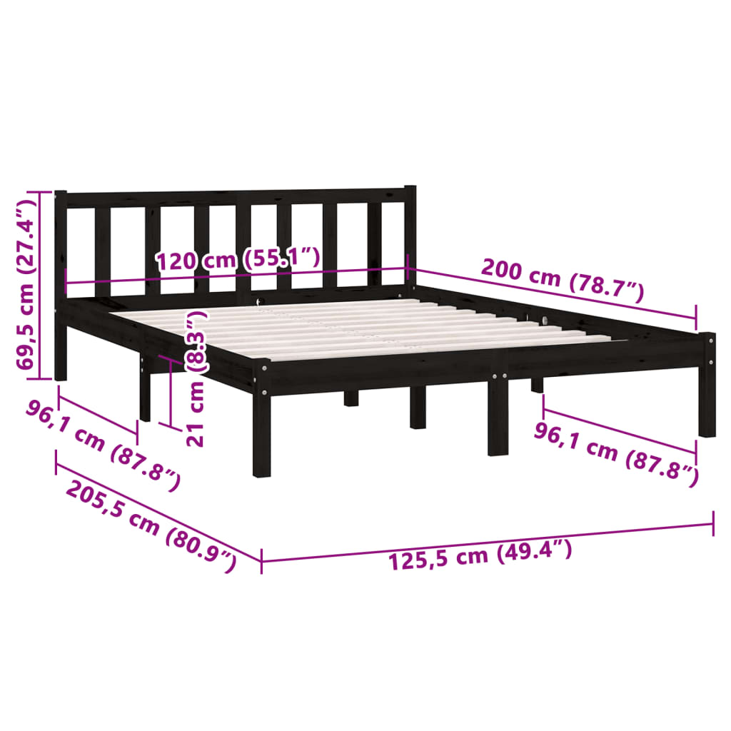 Bed Frame Black Solid Pinewood 120X200 Cm