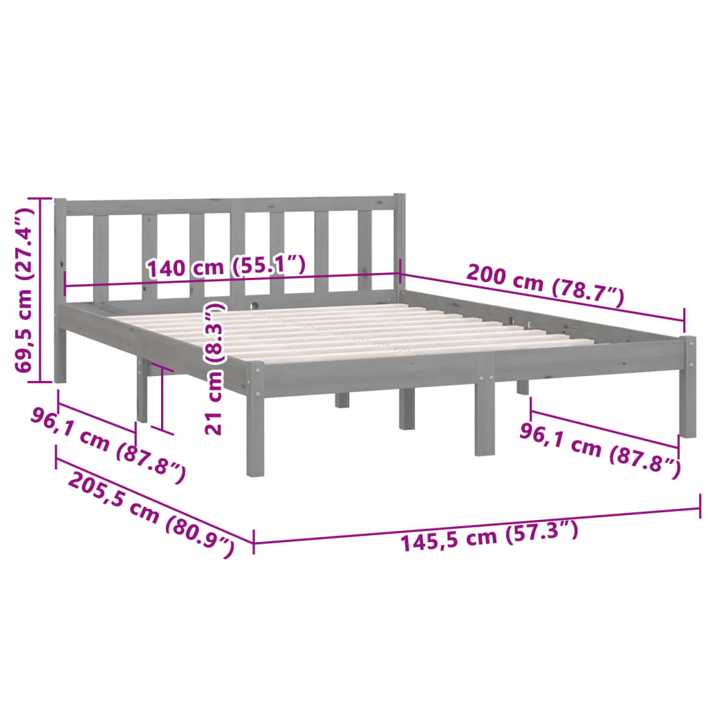 Bed Frame Grey Solid Pinewood 140X200 Cm