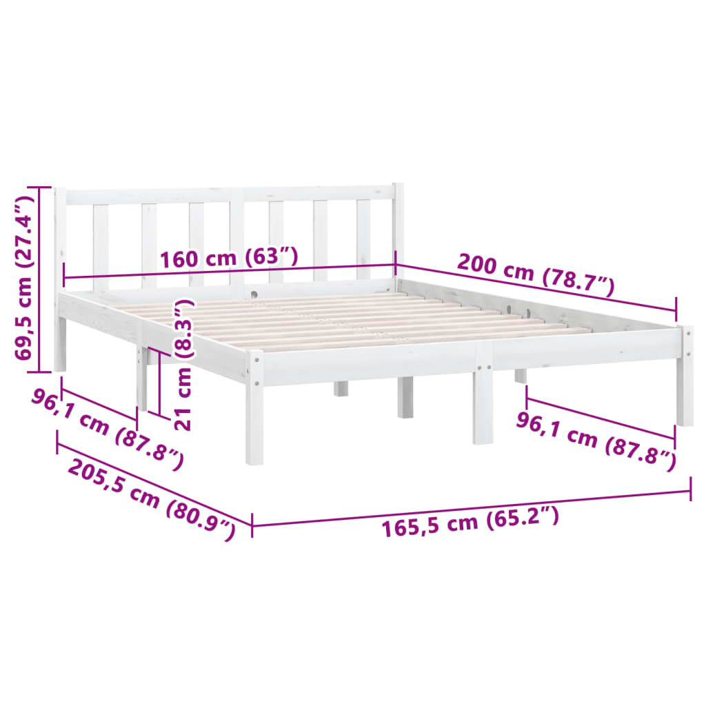 Bed Frame White Solid Pinewood 160X200 Cm