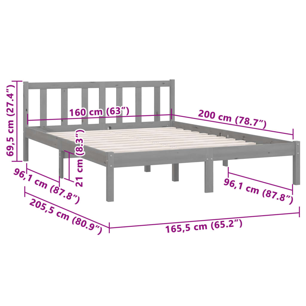 Bed Frame Grey Solid Pinewood 160X200 Cm