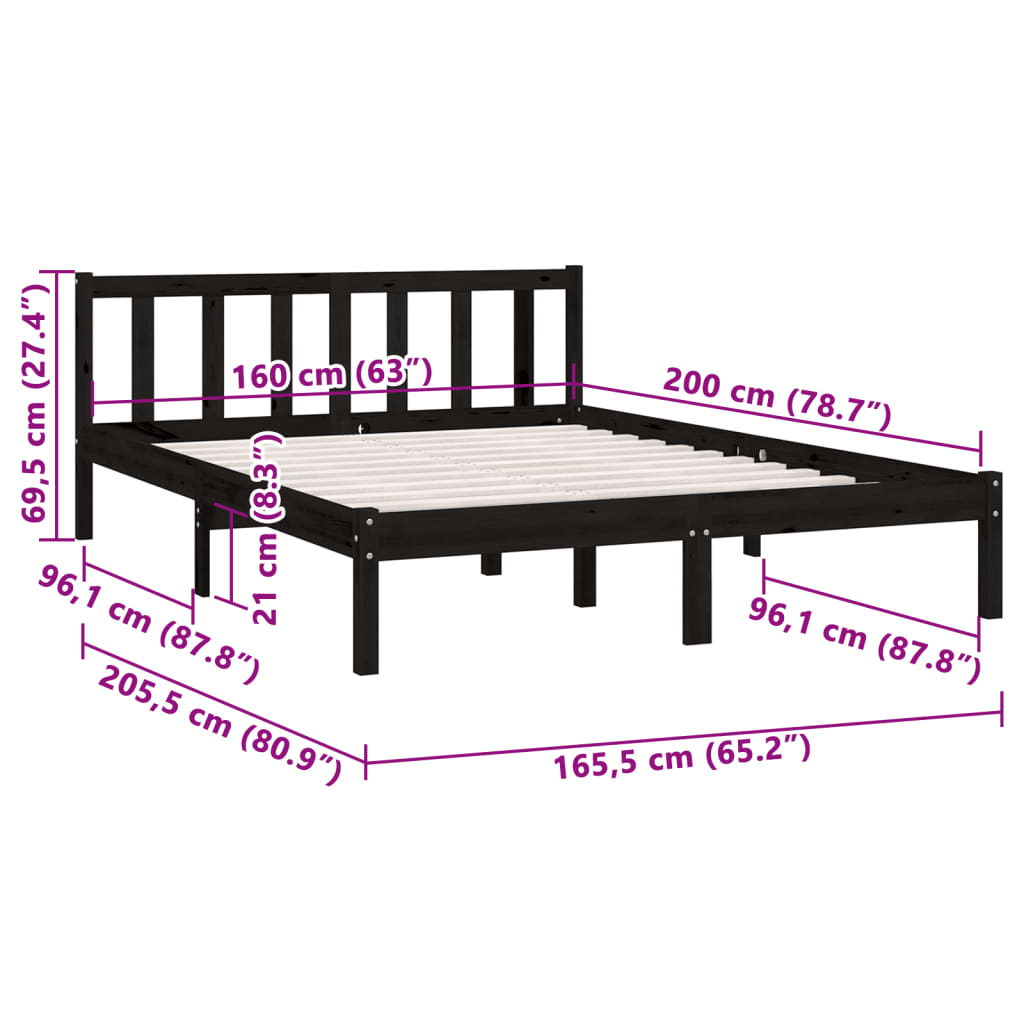 Bed Frame Black Solid Pinewood 160X200 Cm