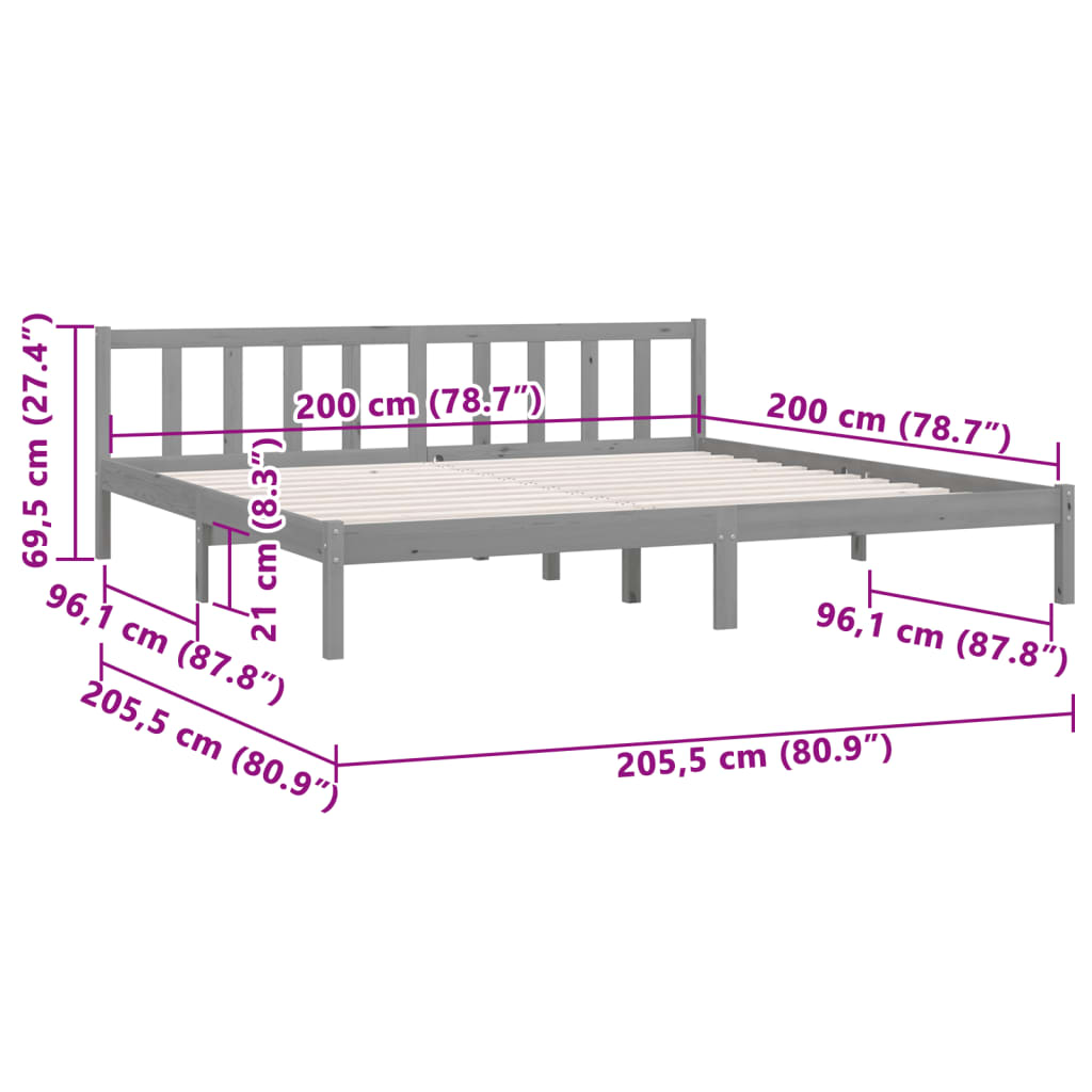 Bed Frame Grey Solid Pinewood 200X200 Cm