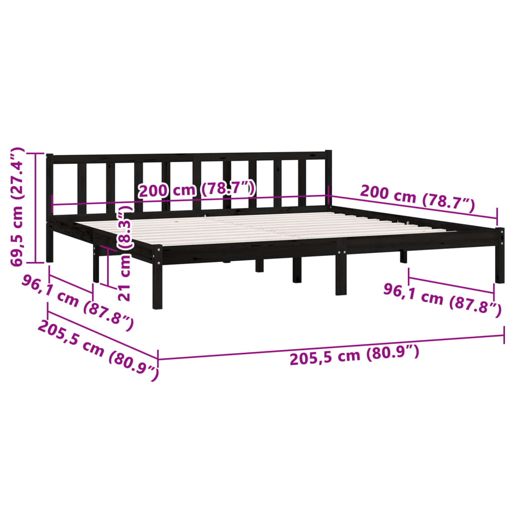 Bed Frame Black Solid Pinewood 200X200 Cm