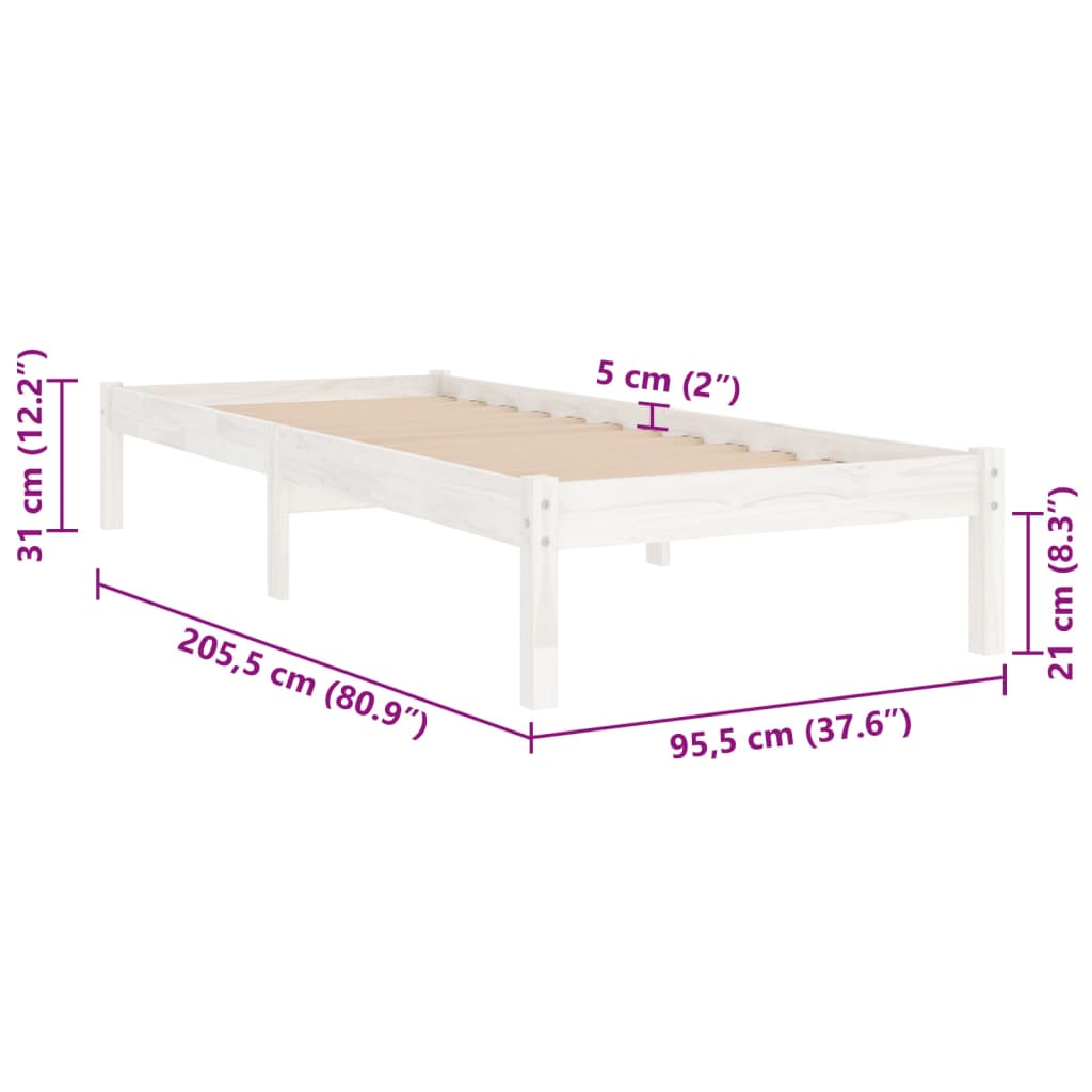 Bed Frame White Solid Wood Pine 90X200 Cm