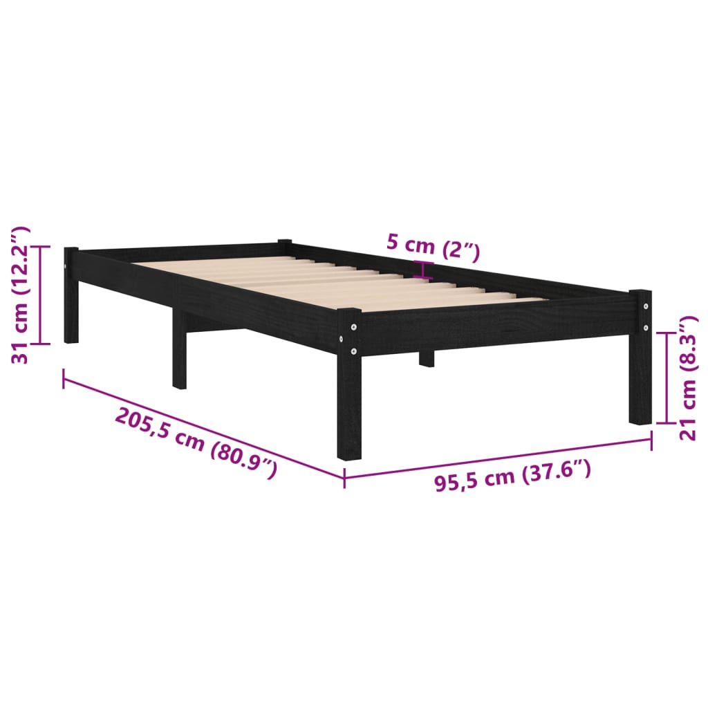 Bed Frame Black Solid Wood Pine 90X200 Cm