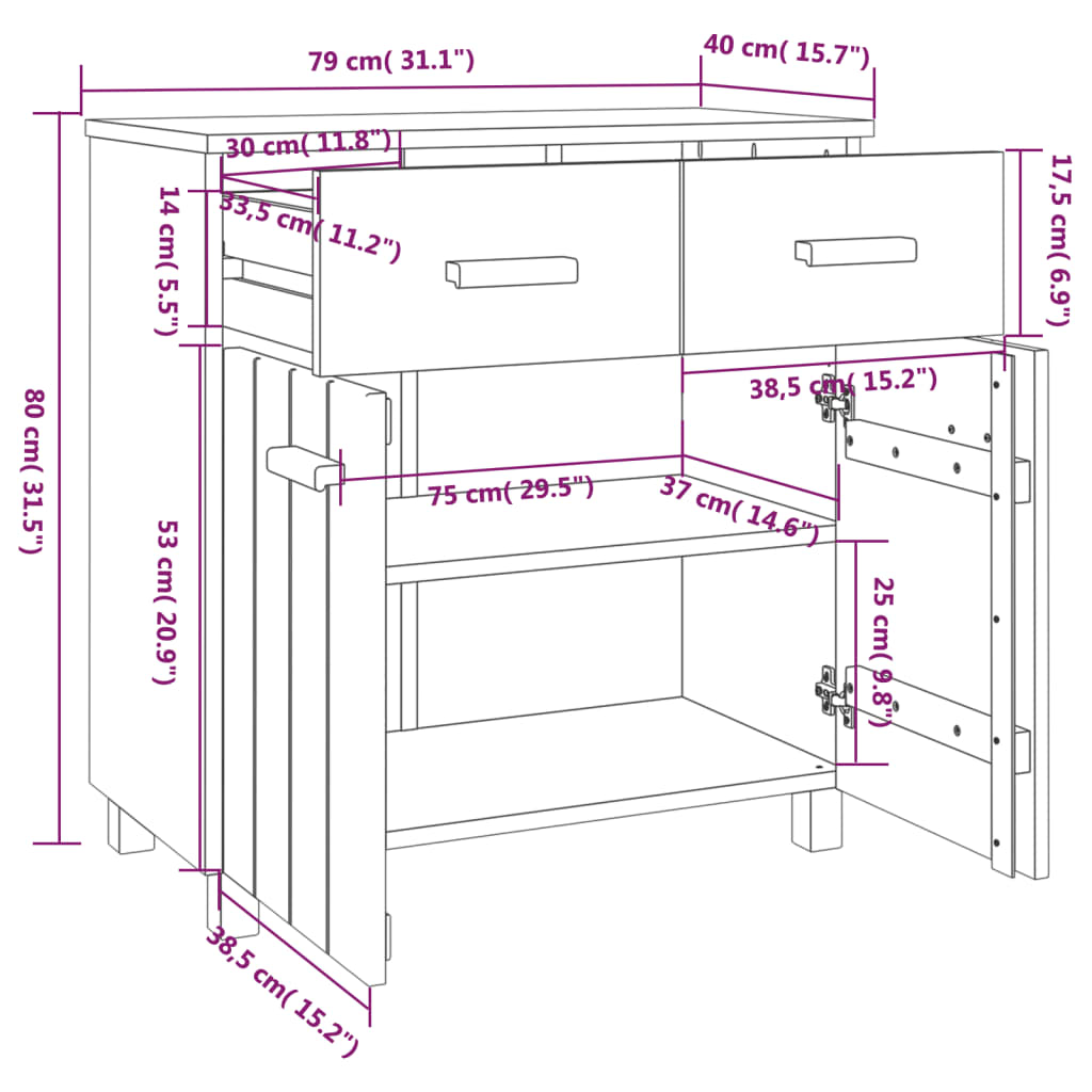 Sideboard Hamar White 79X40X80 Cm Solid Wood Pine