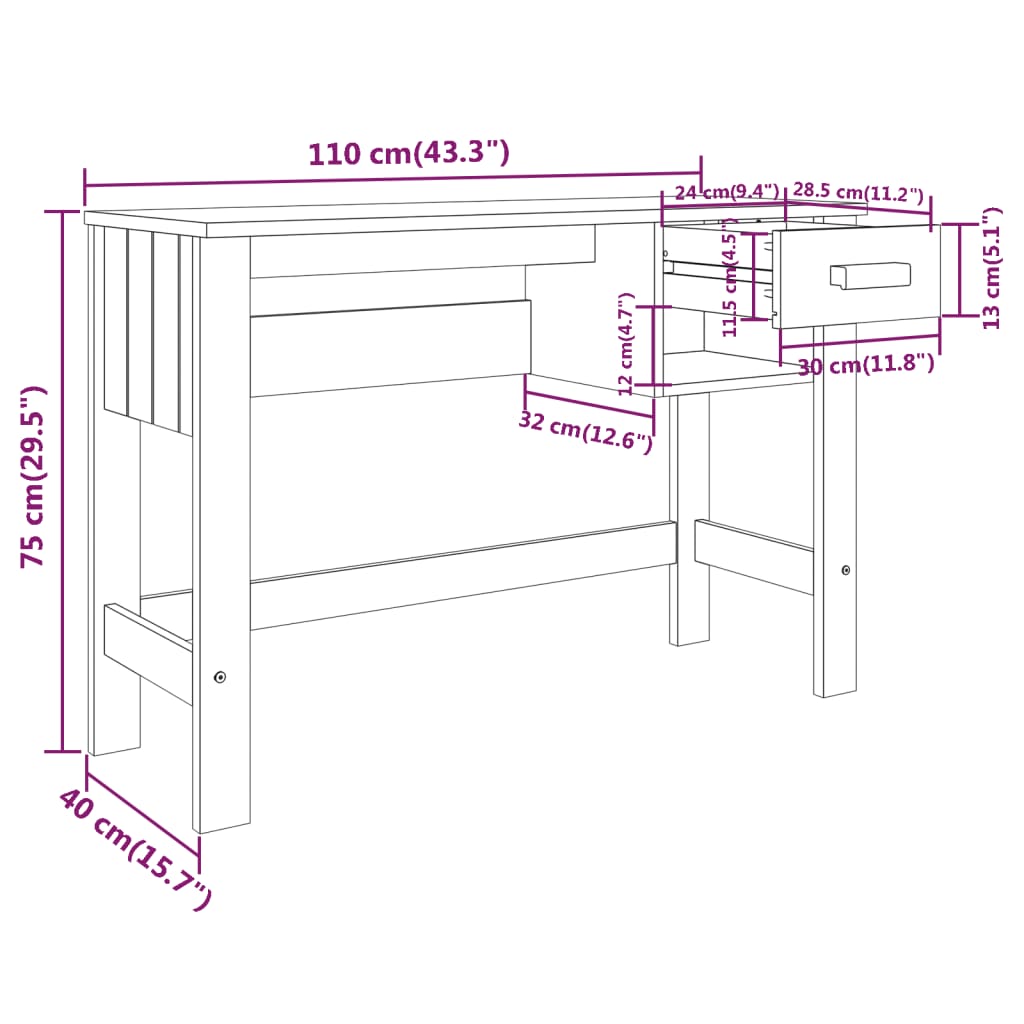 Desk Hamar Honey Brown 110X40X75 Cm Solid Wood Pine