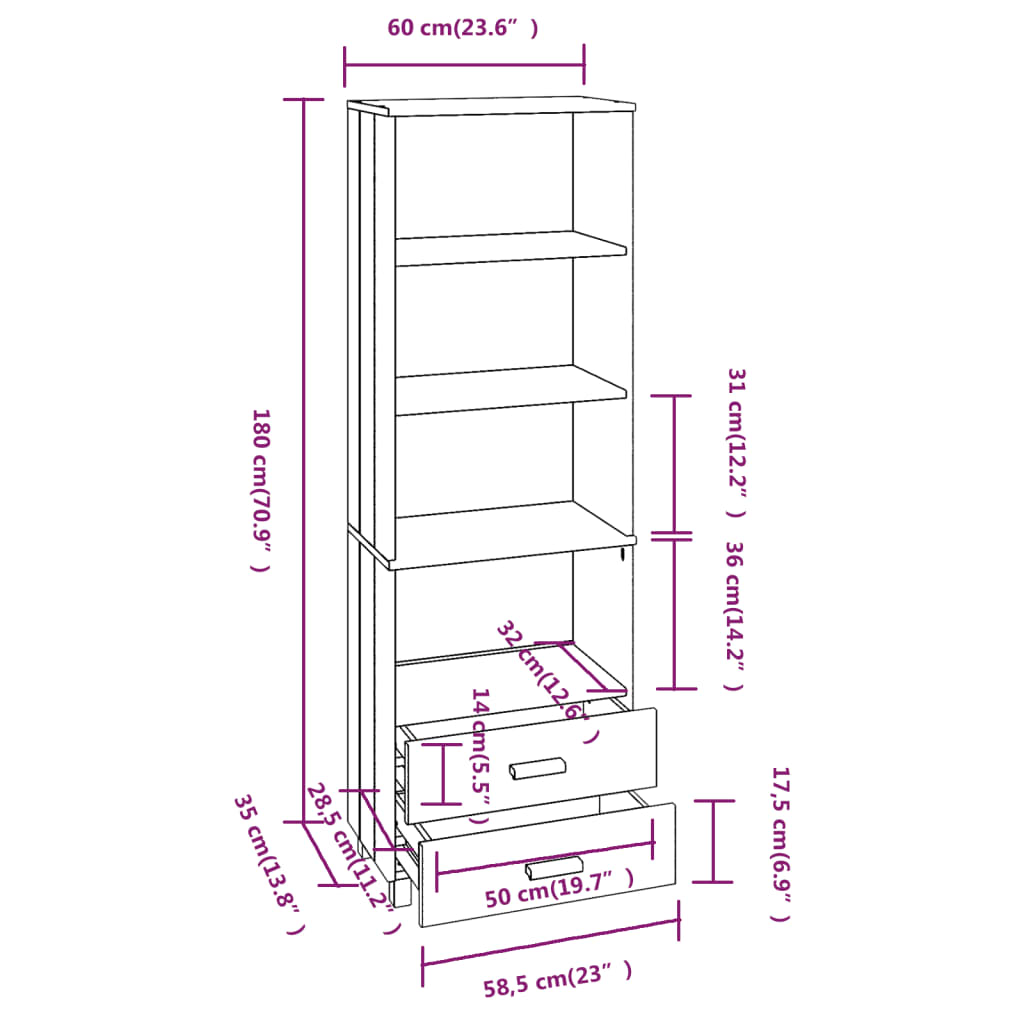 Highboard Hamar Honey Brown 60X35X180 Cm Solid Wood Pine