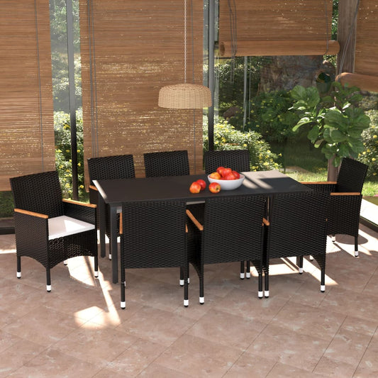 9 Piece Garden Dining Set With Cushions Poly Rattan Black