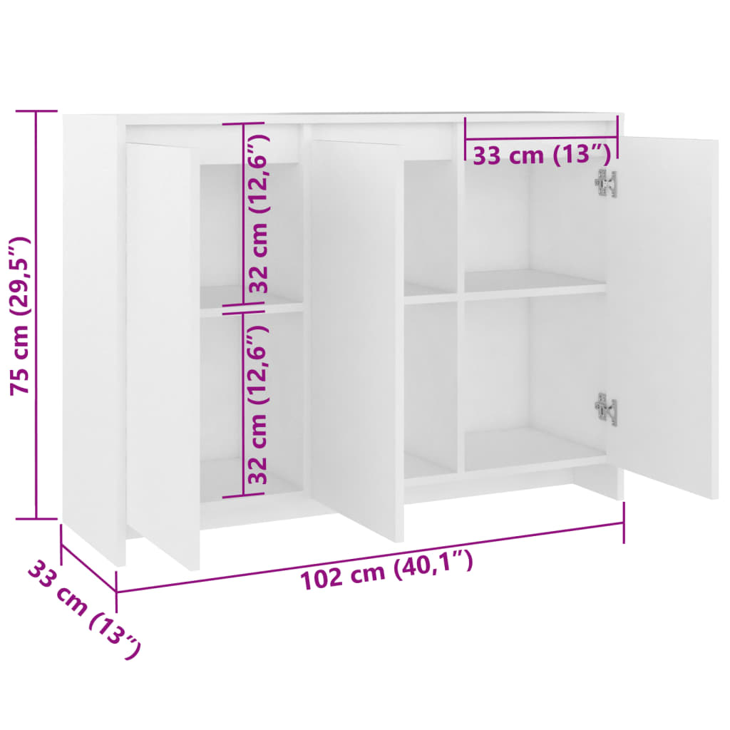 Sideboard White 102X33X75 Cm Engineered Wood