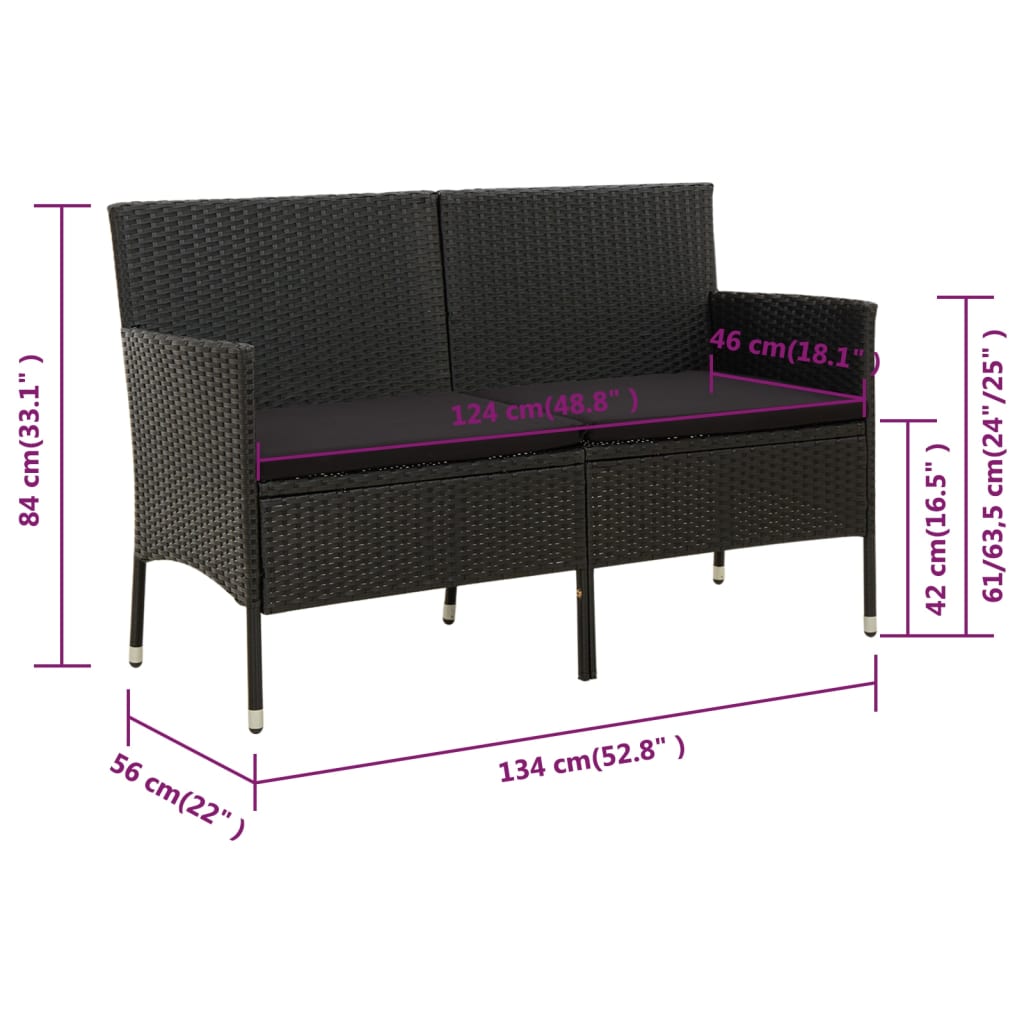 3-Seater Garden Sofa With Cushion Black Poly Rattan