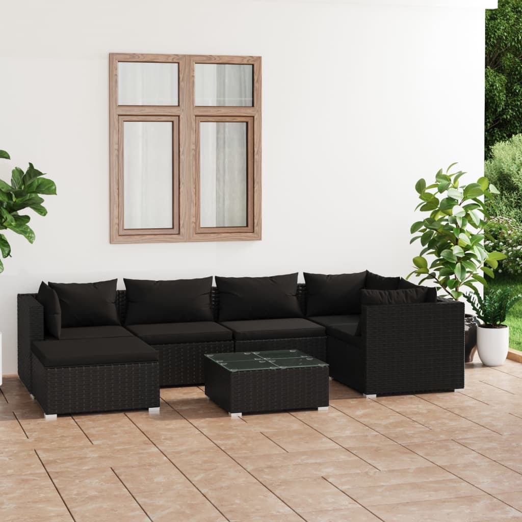 7 Piece Garden Lounge Set With Cushions Poly Rattan Black