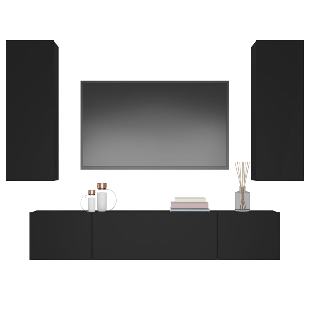 4 Piece Tv Cabinet Set Black Engineered Wood