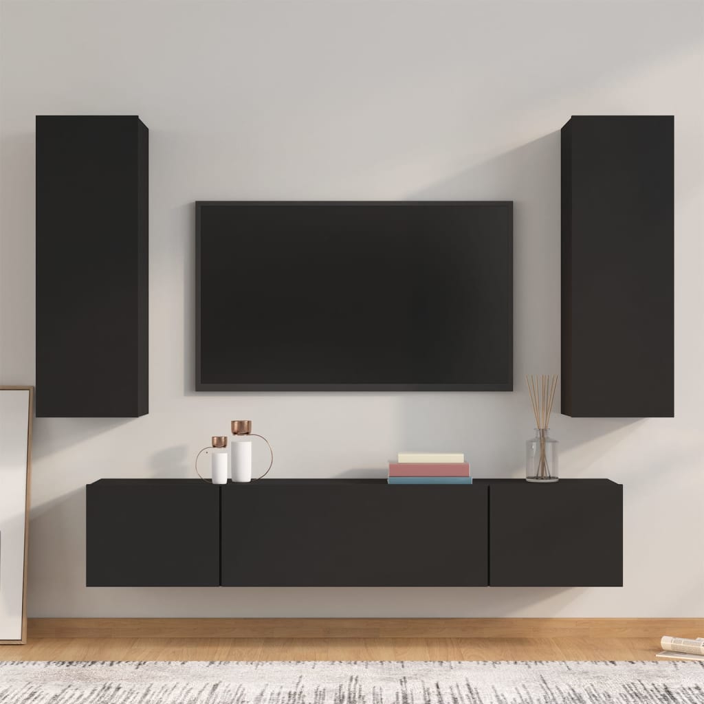 4 Piece Tv Cabinet Set Black Engineered Wood