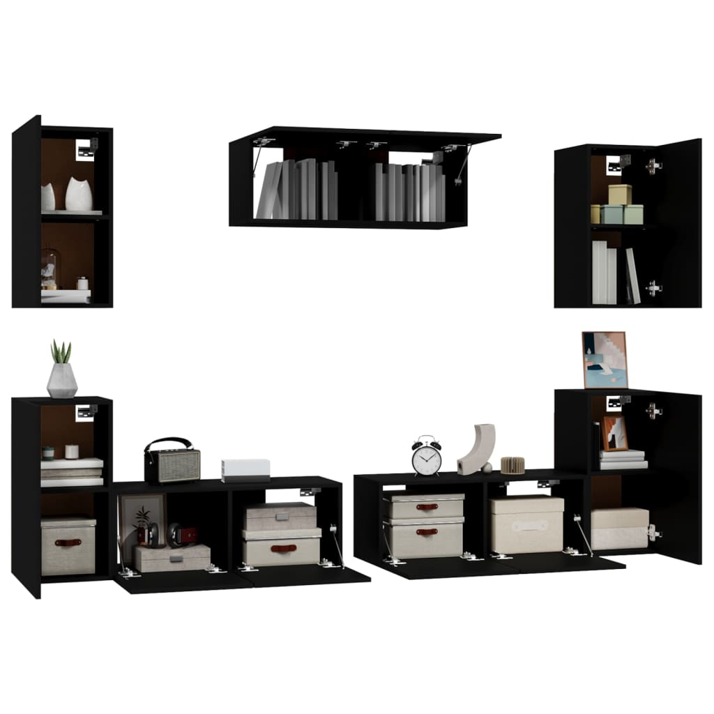 7 Piece Tv Cabinet Set Black Engineered Wood