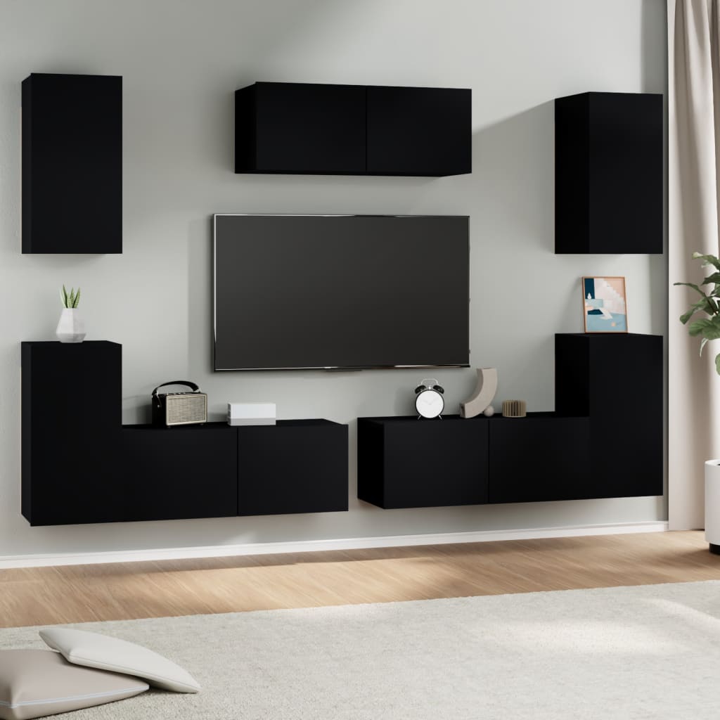 7 Piece Tv Cabinet Set Black Engineered Wood