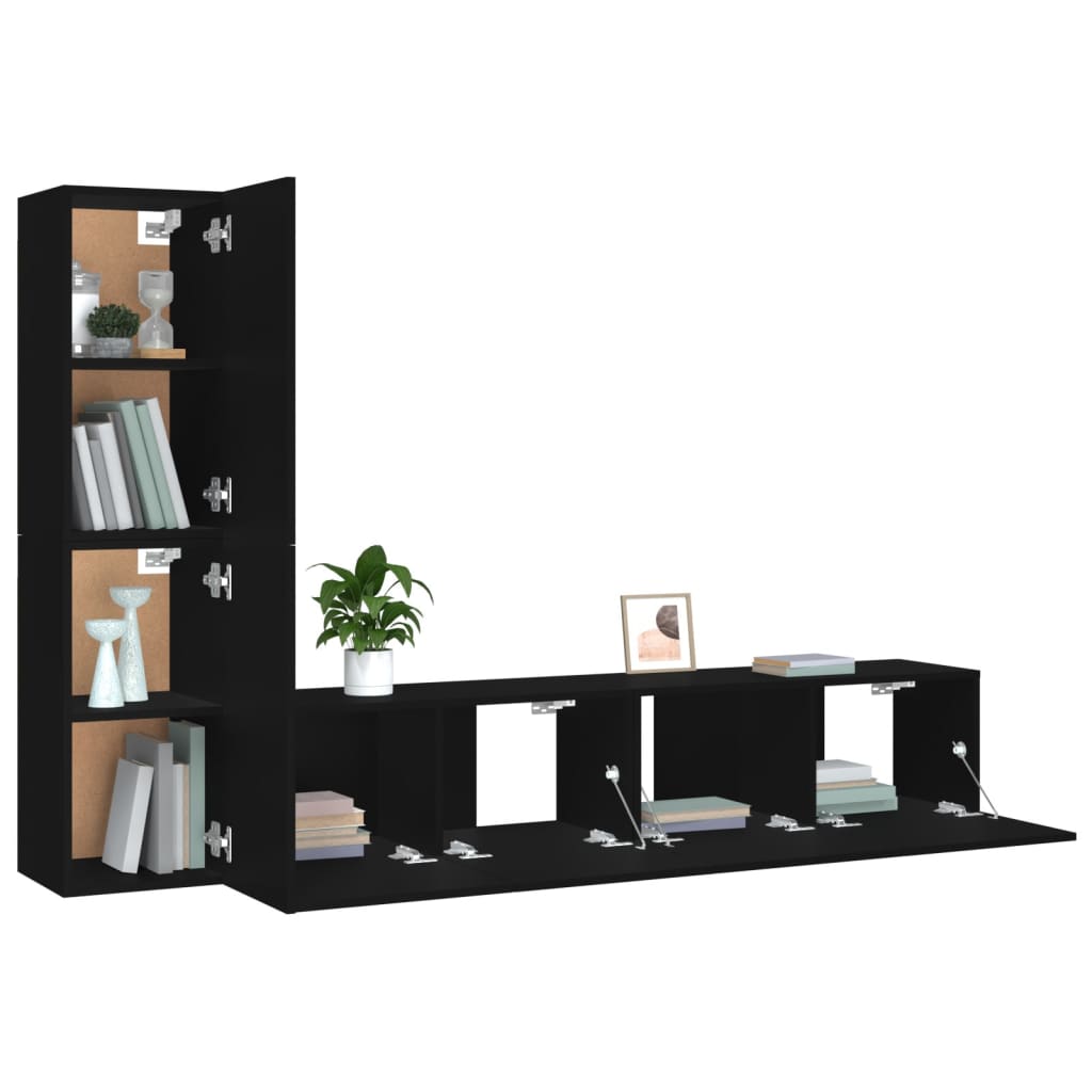 4 Piece Tv Cabinet Set Black Engineered Wood