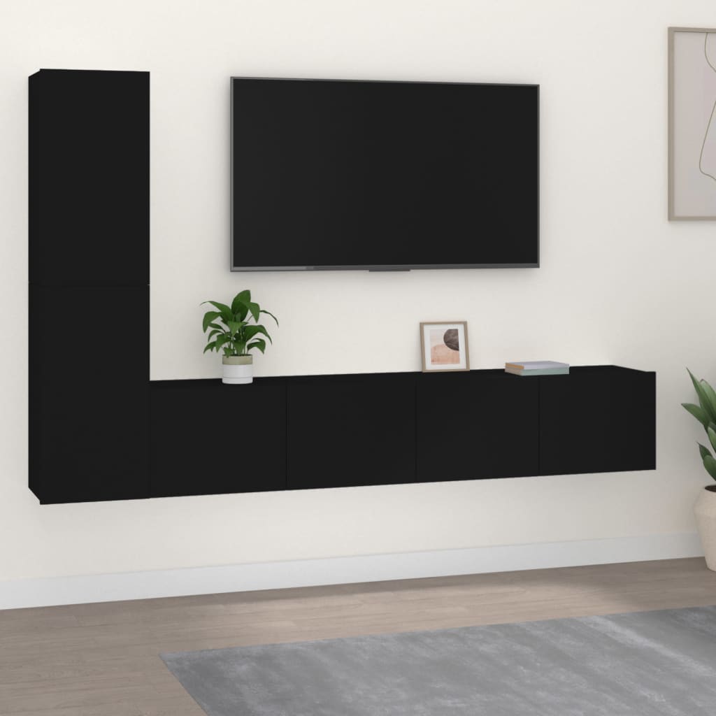 4 Piece Tv Cabinet Set Black Engineered Wood