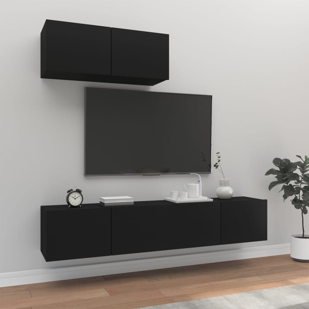 3 Piece Tv Cabinet Set Black Engineered Wood