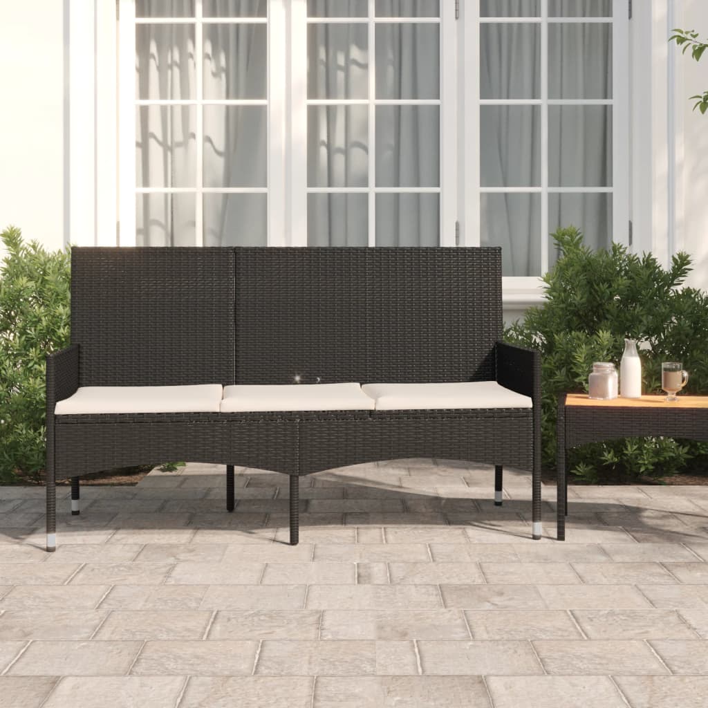 3-Seater Garden Bench With Cushions Black Poly Rattan