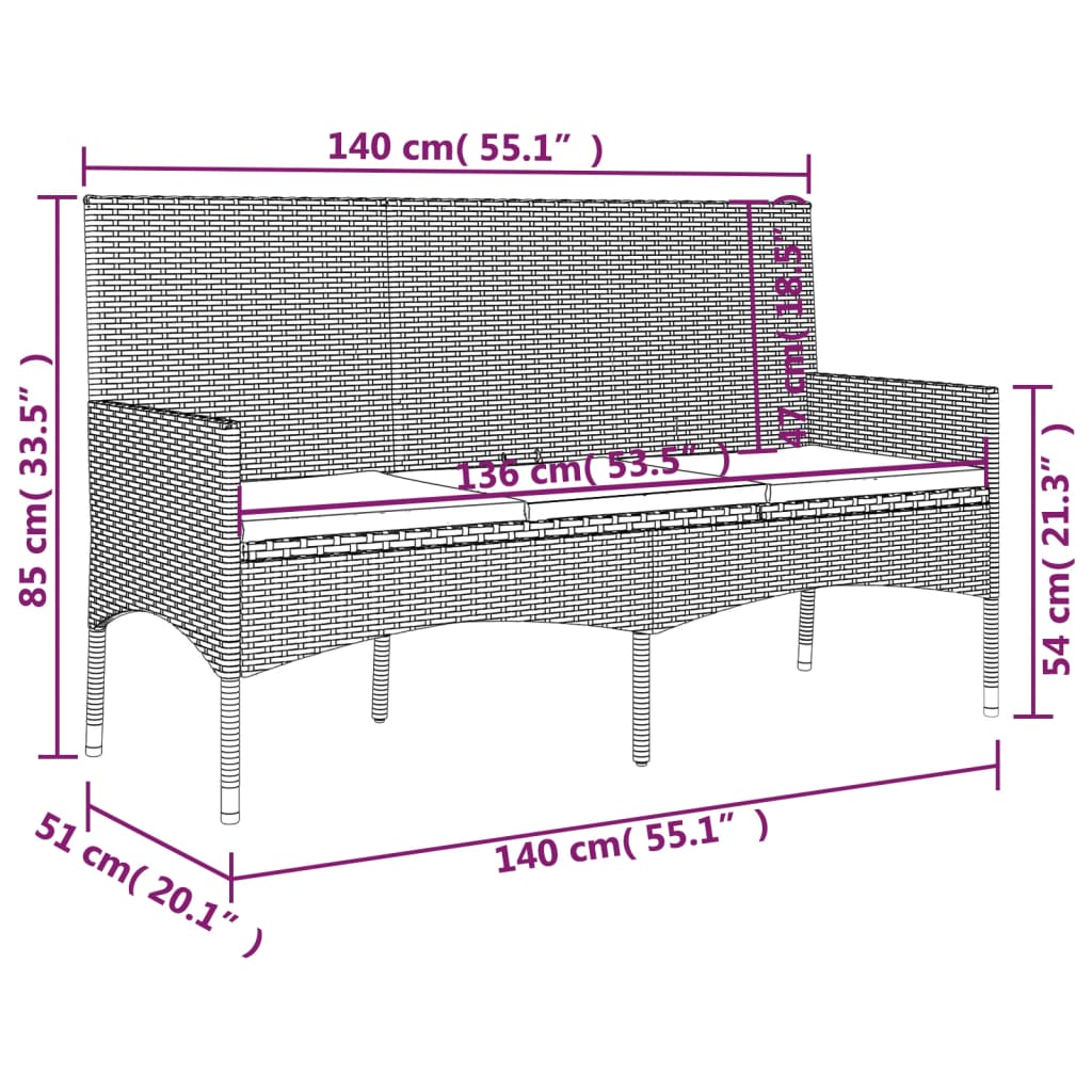 3-Seater Garden Bench With Cushions Grey Poly Rattan