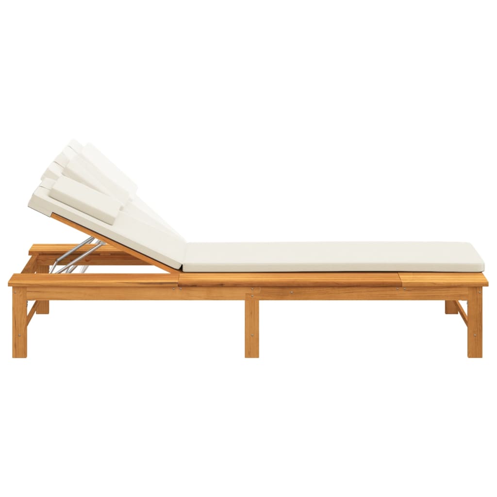 Sun Lounger With Cream White Cushion And Pillow Solid Wood Acacia