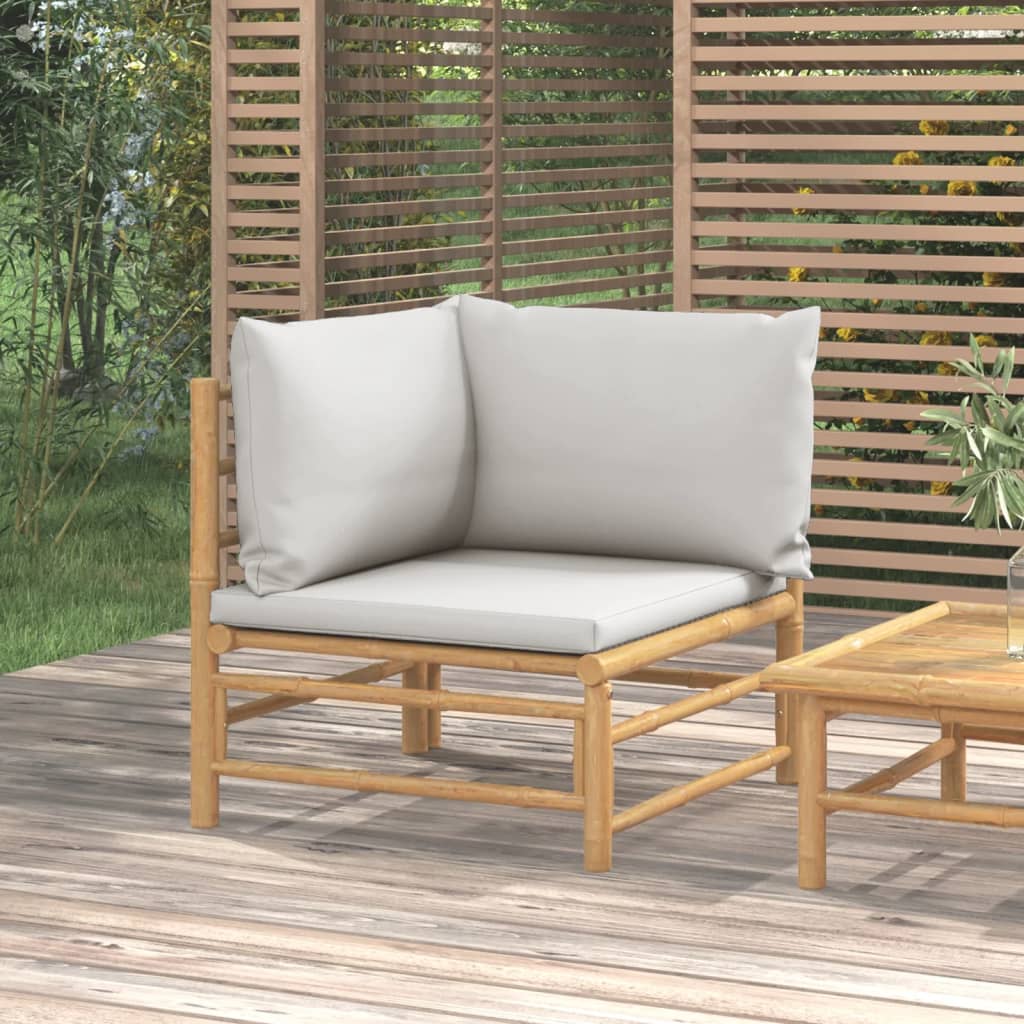 Garden Corner Sofa With Light Grey Cushions Bamboo