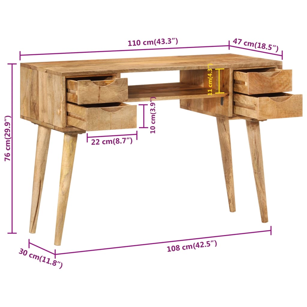 Desk With Drawers 110X47X76 Cm Solid Wood Mango