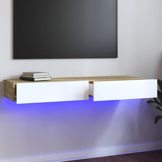 Tv Cabinet With Led Lights White And Sonoma Oak 120X35X15.5 Cm