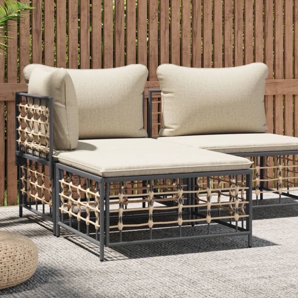 Garden Footstool With Beige Cushion Poly Rattan