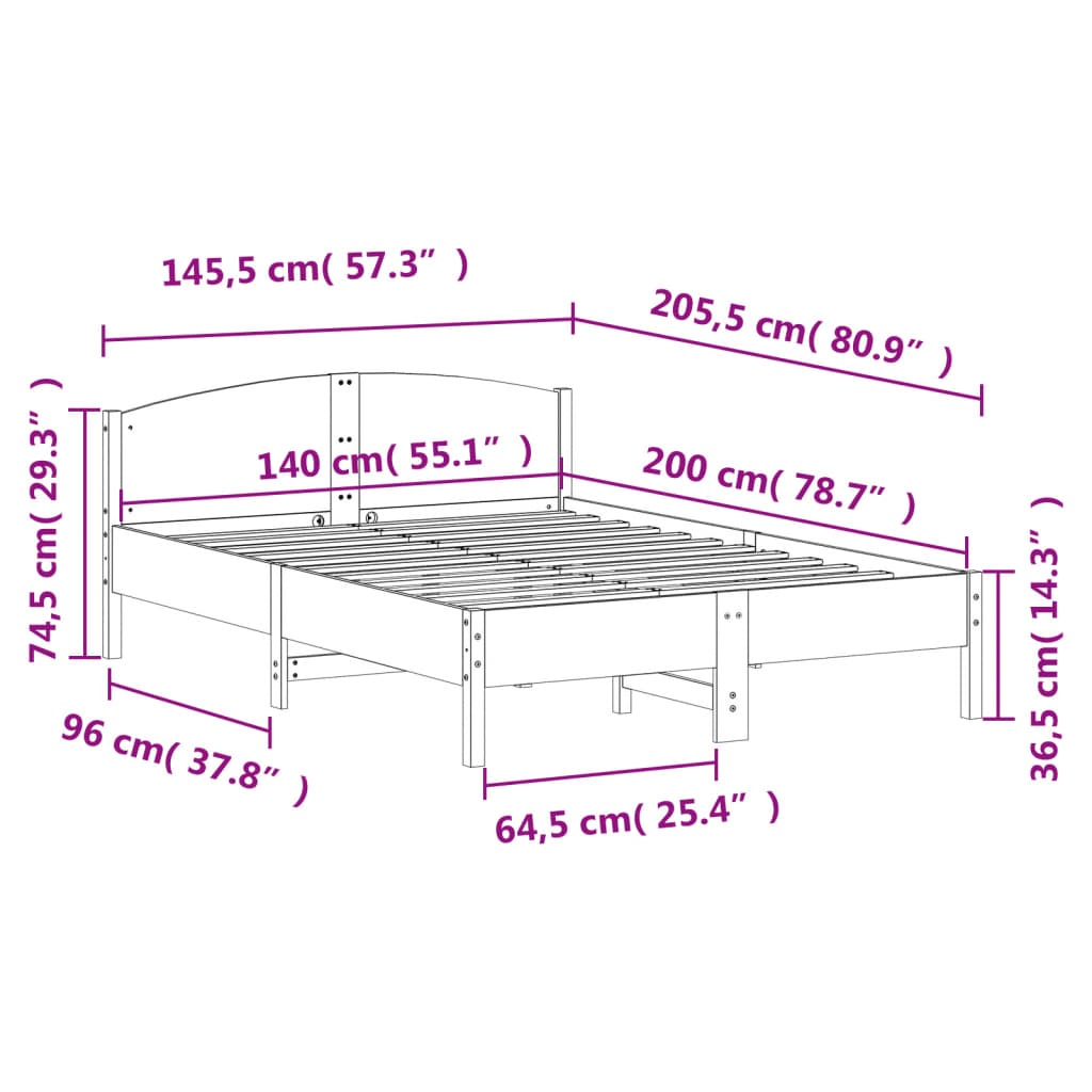 Bed Frame With Headboard White 140X200 Cm Solid Wood Pine