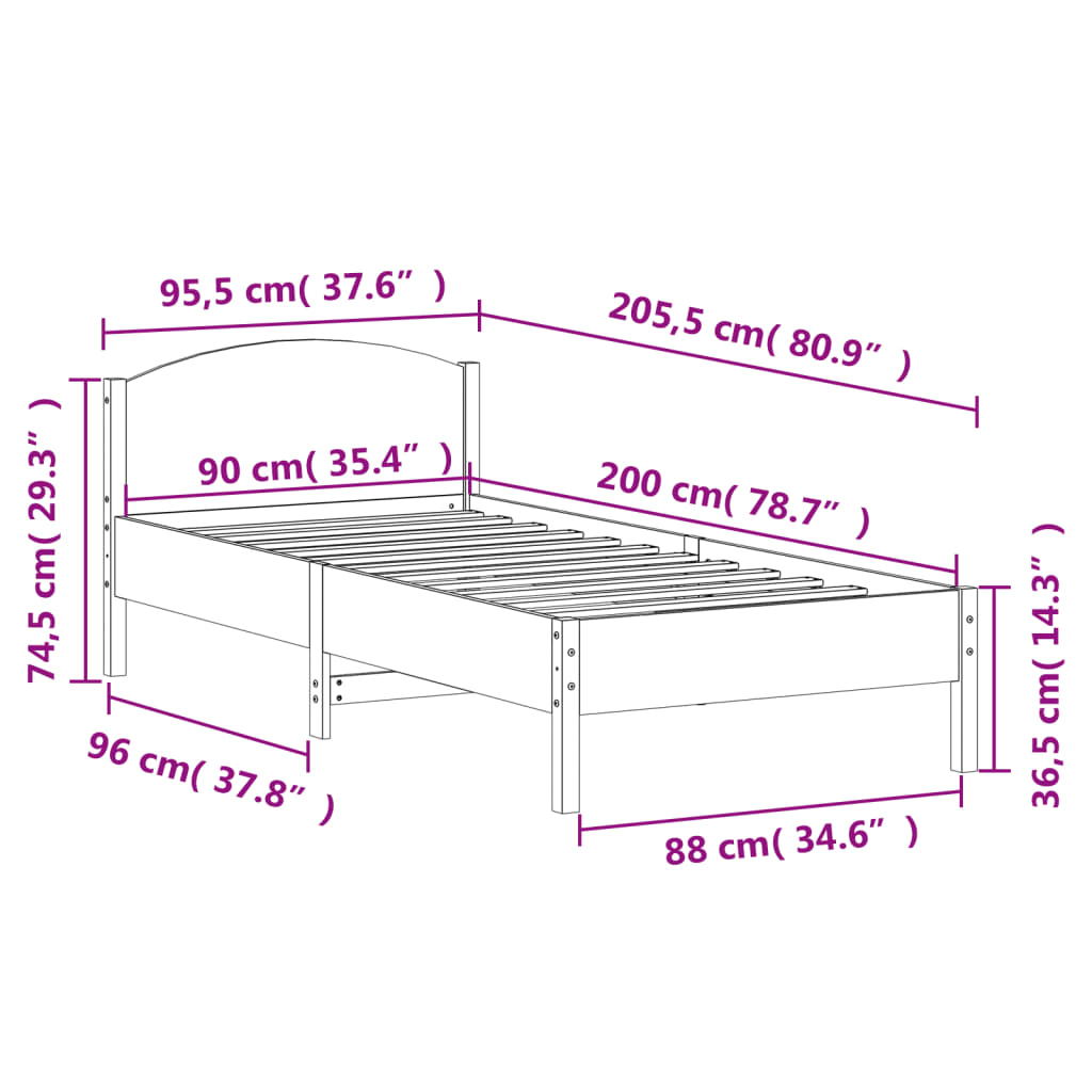 Bed Frame With Headboard White 90X200 Cm Solid Wood Pine