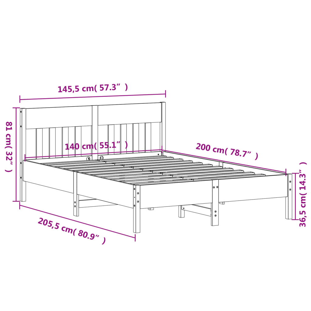 Bed Frame With Headboard White 140X200 Cm Solid Wood Pine