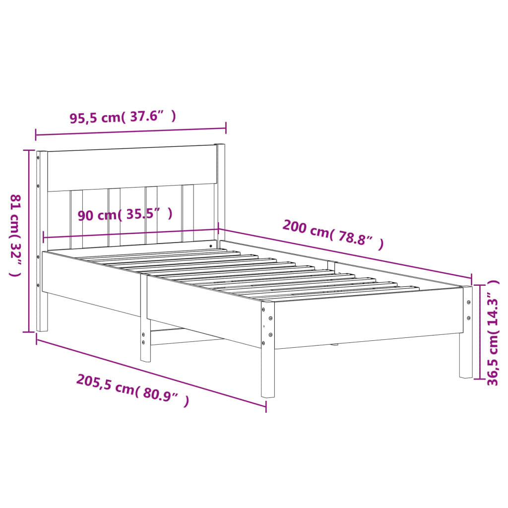 Bed Frame With Headboard White 90X200 Cm Solid Wood Pine