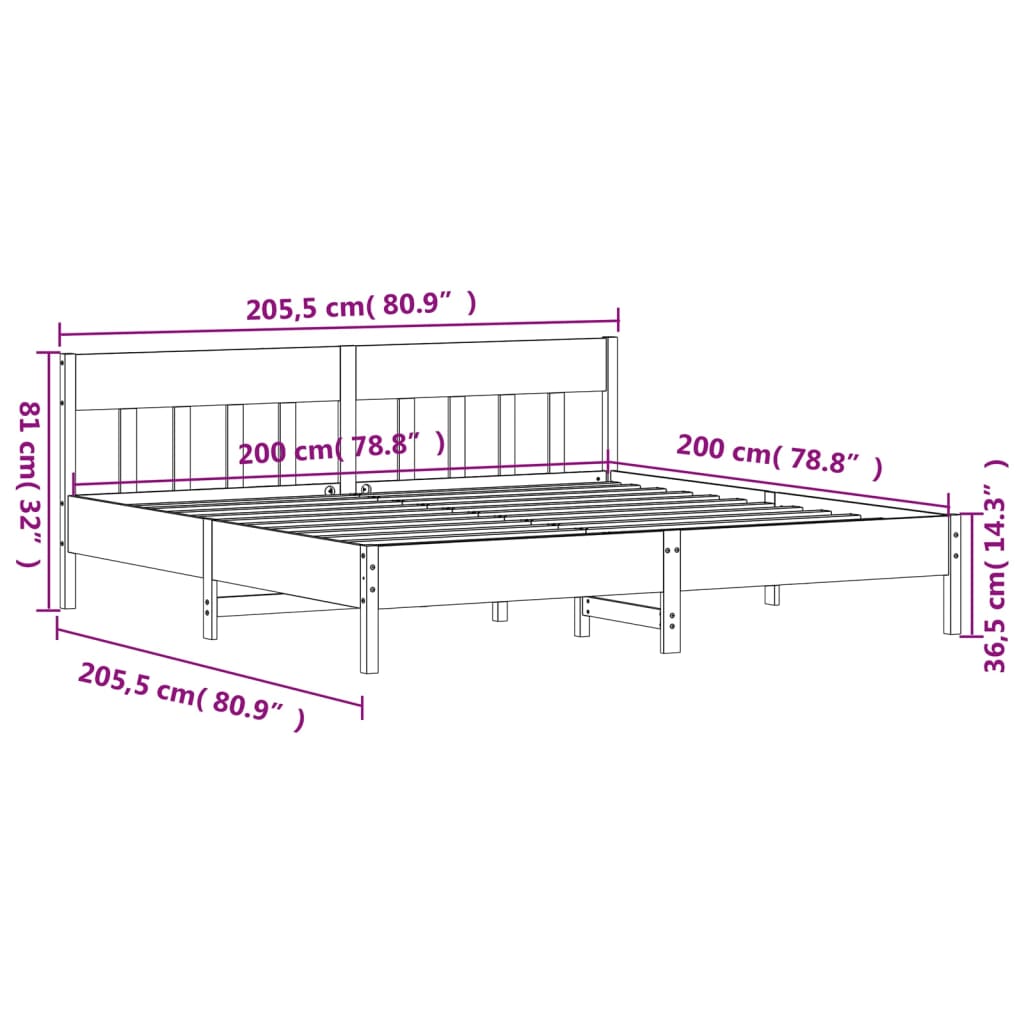 Bed Frame With Headboard White 200X200 Cm Solid Wood Pine