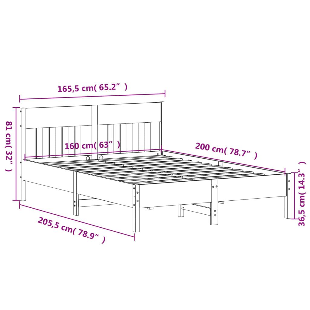 Bed Frame With Headboard White 160X200 Cm Solid Wood Pine